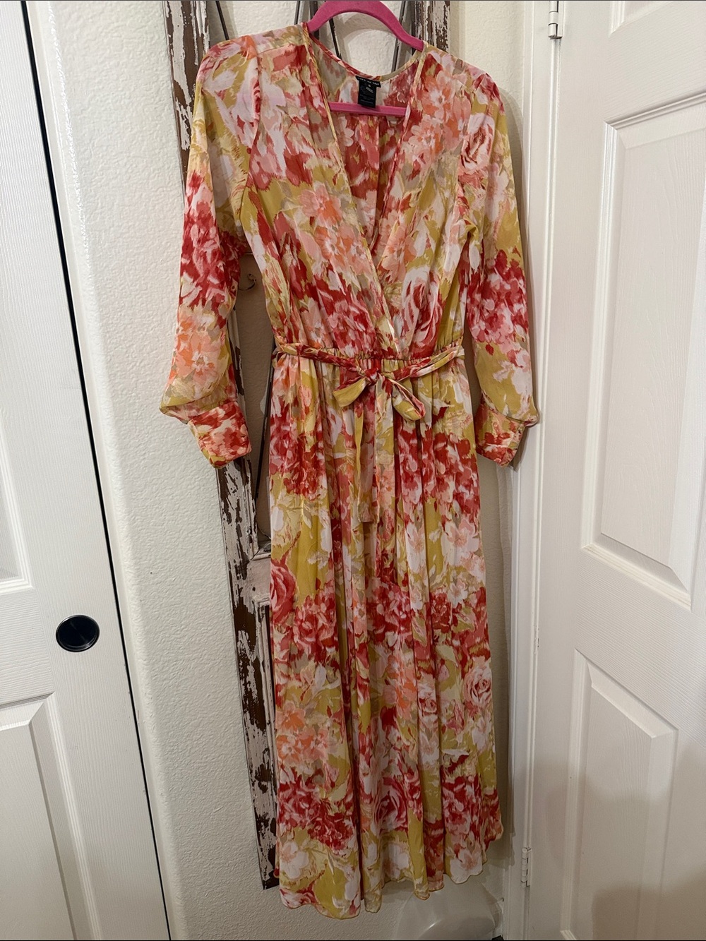 Floral V-Neck Maxi Dress in Yellow and Coral with Tie Waist